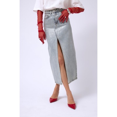 Varak Baskılı Yırtmaçlı Maxi Denim Etek Varak Baskılı Yırtmaçlı Maxi Denim Etek
