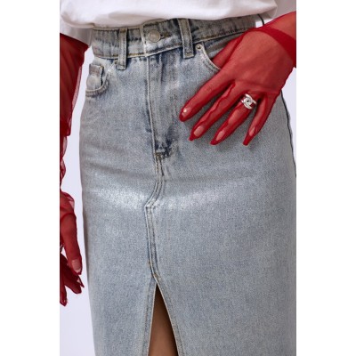 Varak Baskılı Yırtmaçlı Maxi Denim Etek Varak Baskılı Yırtmaçlı Maxi Denim Etek