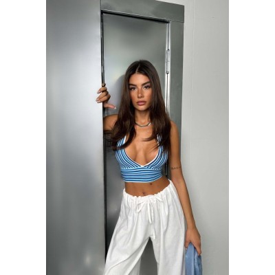 Çizgili Boyun Bağlamalı Crop Çizgili Boyun Bağlamalı Crop