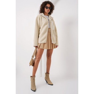 55446 Fermuarlı Oversize Peluş Ceket Mont - Krem 55446 Fermuarlı Oversize Peluş Ceket Mont - Krem