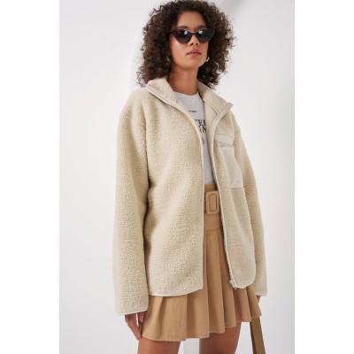 55446 Fermuarlı Oversize Peluş Ceket Mont - Krem 55446 Fermuarlı Oversize Peluş Ceket Mont - Krem