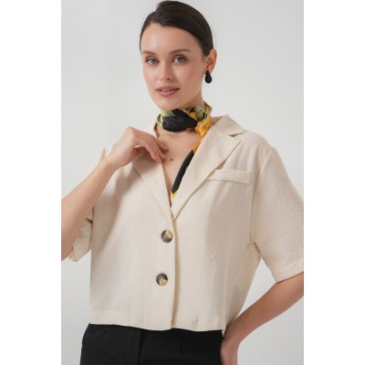 0706 Crop Keten Ceket - M. Krem 0706 Crop Keten Ceket - M. Krem