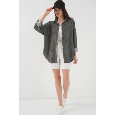 Çizgili Oversize Gömlek 20295 - Siyah Çizgili Oversize Gömlek 20295 - Siyah