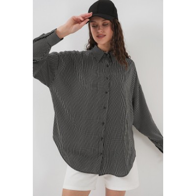 Çizgili Oversize Gömlek 20295 - Siyah Çizgili Oversize Gömlek 20295 - Siyah