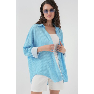 Çizgili Oversize Gömlek 20295 - Mavi Çizgili Oversize Gömlek 20295 - Mavi