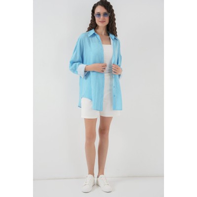 Çizgili Oversize Gömlek 20295 - Mavi Çizgili Oversize Gömlek 20295 - Mavi