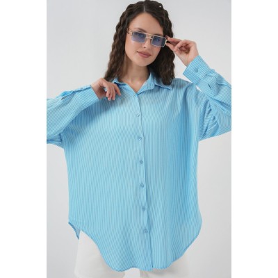 Çizgili Oversize Gömlek 20295 - Mavi Çizgili Oversize Gömlek 20295 - Mavi
