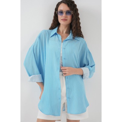 Çizgili Oversize Gömlek 20295 - Mavi Çizgili Oversize Gömlek 20295 - Mavi