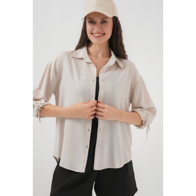 Çizgili Oversize Kısa Kol Gömlek 20296 - Krem Çizgili Oversize Kısa Kol Gömlek 20296 - Krem