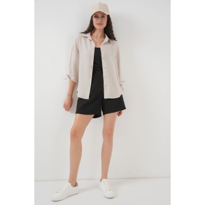 Çizgili Oversize Kısa Kol Gömlek 20296 - Krem Çizgili Oversize Kısa Kol Gömlek 20296 - Krem
