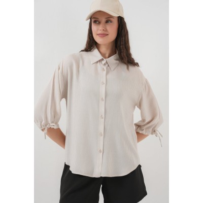 Çizgili Oversize Kısa Kol Gömlek 20296 - Krem Çizgili Oversize Kısa Kol Gömlek 20296 - Krem