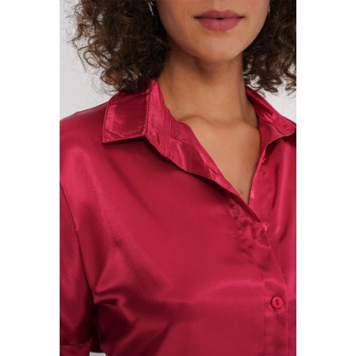 3985 Oversize Saten Gömlek - Bordo 3985 Oversize Saten Gömlek - Bordo