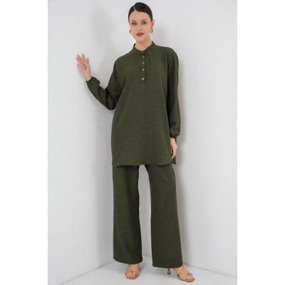 6678 Keten Tunik Pantolon İkili Takım - Haki 6678 Keten Tunik Pantolon İkili Takım - Haki