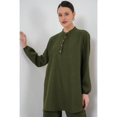 6678 Keten Tunik Pantolon İkili Takım - Haki 6678 Keten Tunik Pantolon İkili Takım - Haki