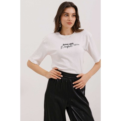 0472 Baskılı Oversize Örme Tişört - Beyaz 0472 Baskılı Oversize Örme Tişört - Beyaz