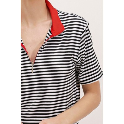 Kırmızı Polo Yaka Fermuarlı Çizgili Tişört 0497 Kırmızı Polo Yaka Fermuarlı Çizgili Tişört 0497