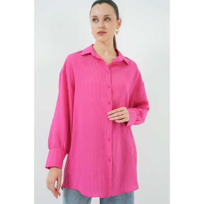Çizgili Uzun Gömlek Tunik 5963 - Fuşya Çizgili Uzun Gömlek Tunik 5963 - Fuşya