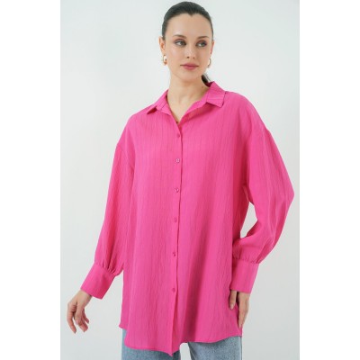 Çizgili Uzun Gömlek Tunik 5963 - Fuşya Çizgili Uzun Gömlek Tunik 5963 - Fuşya