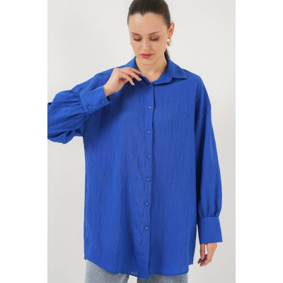 Çizgili Uzun Gömlek Tunik 5963 - Saks Çizgili Uzun Gömlek Tunik 5963 - Saks