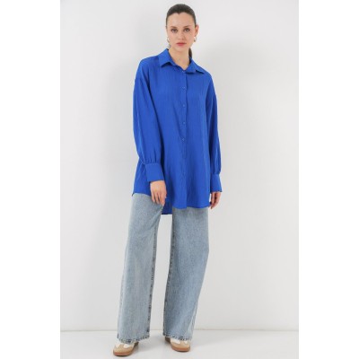 Çizgili Uzun Gömlek Tunik 5963 - Saks Çizgili Uzun Gömlek Tunik 5963 - Saks