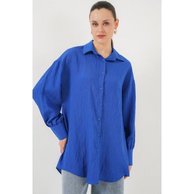 Çizgili Uzun Gömlek Tunik 5963 - Saks Çizgili Uzun Gömlek Tunik 5963 - Saks