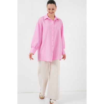 Çizgili Uzun Gömlek Tunik 5963 - Pembe Çizgili Uzun Gömlek Tunik 5963 - Pembe