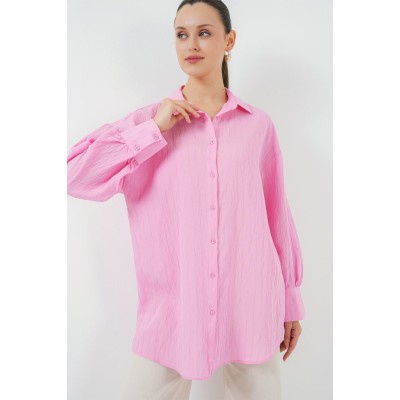 Çizgili Uzun Gömlek Tunik 5963 - Pembe Çizgili Uzun Gömlek Tunik 5963 - Pembe