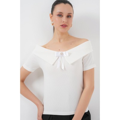 Kurdele Detaylı Örme Bluz 949 - Beyaz Kurdele Detaylı Örme Bluz 949 - Beyaz