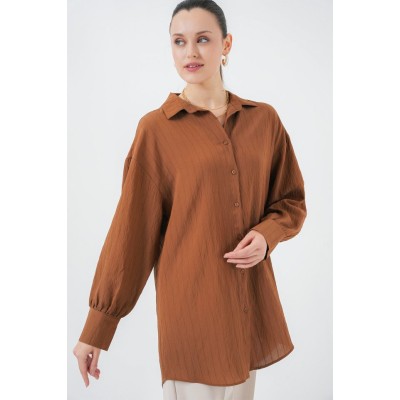 Çizgili Uzun Gömlek Tunik 5963 - Kahverengi Çizgili Uzun Gömlek Tunik 5963 - Kahverengi