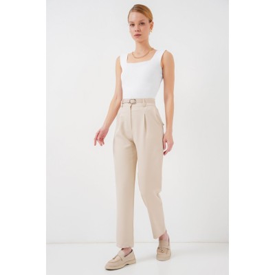 Pileli Kemerli Kumaş Pantolon 6725 - Krem Pileli Kemerli Kumaş Pantolon 6725 - Krem