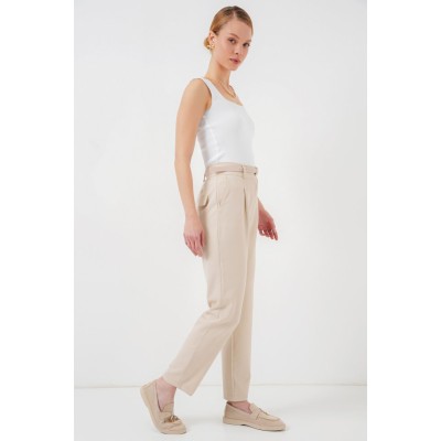 Pileli Kemerli Kumaş Pantolon 6725 - Krem Pileli Kemerli Kumaş Pantolon 6725 - Krem