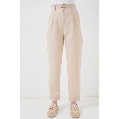 Pileli Kemerli Kumaş Pantolon 6725 - Krem Pileli Kemerli Kumaş Pantolon 6725 - Krem