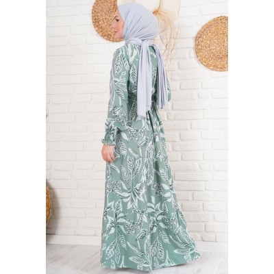 2145 Desenli Tesettür Elbise - Haki 2145 Desenli Tesettür Elbise - Haki