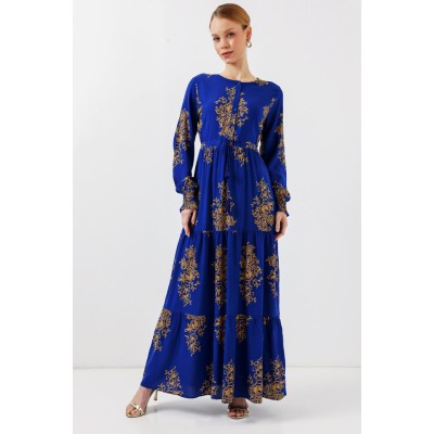 2145 Desenli Tesettür Elbise - Saks 2145 Desenli Tesettür Elbise - Saks