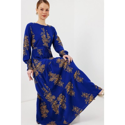 2145 Desenli Tesettür Elbise - Saks 2145 Desenli Tesettür Elbise - Saks