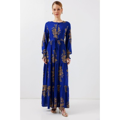 2145 Desenli Tesettür Elbise - Saks 2145 Desenli Tesettür Elbise - Saks