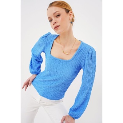 0442 Uzun Kollu Bluz - Saks 0442 Uzun Kollu Bluz - Saks