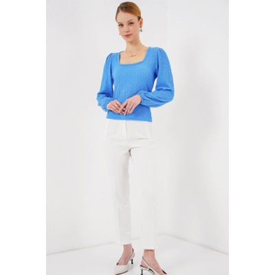 0442 Uzun Kollu Bluz - Saks 0442 Uzun Kollu Bluz - Saks