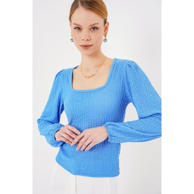 0442 Uzun Kollu Bluz - Saks 0442 Uzun Kollu Bluz - Saks