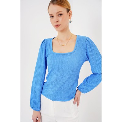 0442 Uzun Kollu Bluz - Saks 0442 Uzun Kollu Bluz - Saks