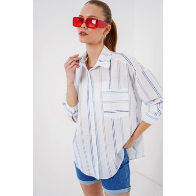 Çizgili Oversize Gömlek 20278 - Beyaz Çizgili Oversize Gömlek 20278 - Beyaz