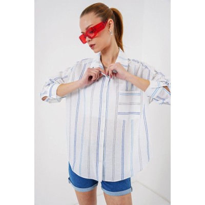 Çizgili Oversize Gömlek 20278 - Beyaz Çizgili Oversize Gömlek 20278 - Beyaz
