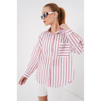 Çizgili Oversize Gömlek 20278 - Kırmızı Çizgili Oversize Gömlek 20278 - Kırmızı