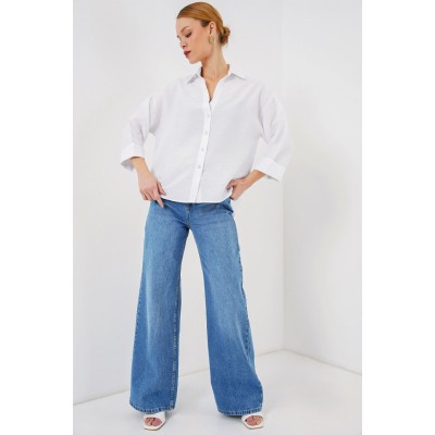 Oversize Kısa Kol Gömlek 20315 - Beyaz Oversize Kısa Kol Gömlek 20315 - Beyaz