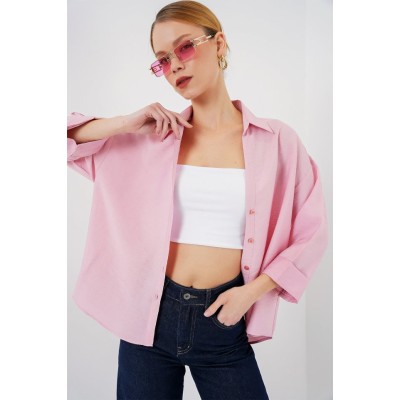 Oversize Kısa Kol Gömlek 20315 - Pembe Oversize Kısa Kol Gömlek 20315 - Pembe