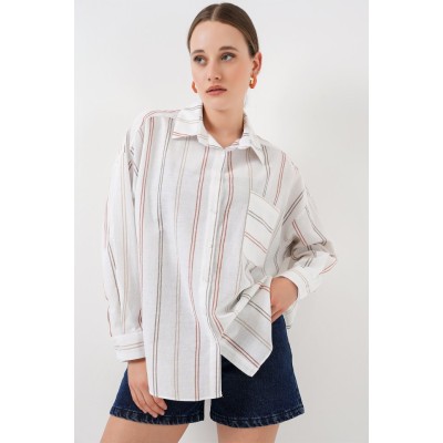Çizgili Oversize Gömlek 20278 - B.Beyaz Çizgili Oversize Gömlek 20278 - B.Beyaz