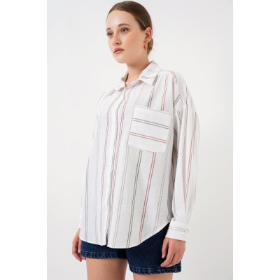 Çizgili Oversize Gömlek 20278 - B.Beyaz Çizgili Oversize Gömlek 20278 - B.Beyaz