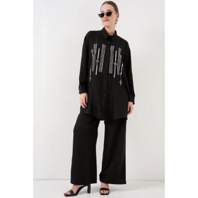 Desenli Tunik Pantolon İkili Takım 6720 - Siyah Desenli Tunik Pantolon İkili Takım 6720 - Siyah