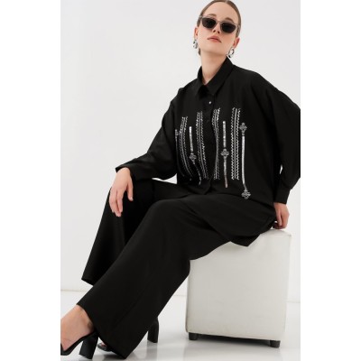 Desenli Tunik Pantolon İkili Takım 6720 - Siyah Desenli Tunik Pantolon İkili Takım 6720 - Siyah