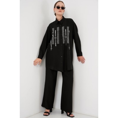Desenli Tunik Pantolon İkili Takım 6720 - Siyah Desenli Tunik Pantolon İkili Takım 6720 - Siyah
